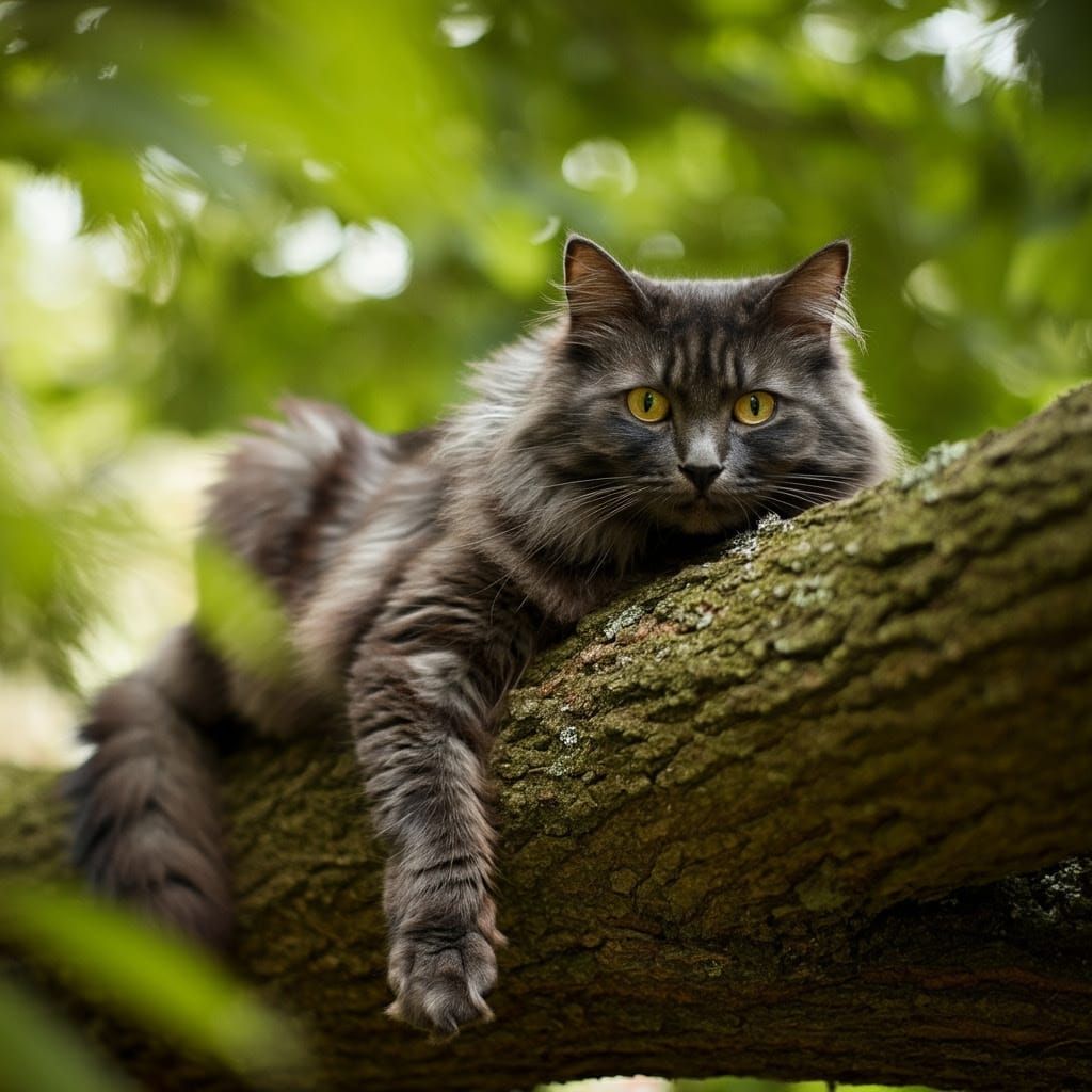 Fluffy Black Cat Lounging on Tree Branch