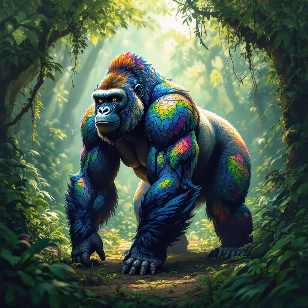 Fantastical Gorilla Chimera with Chameleon Scales in Jungle