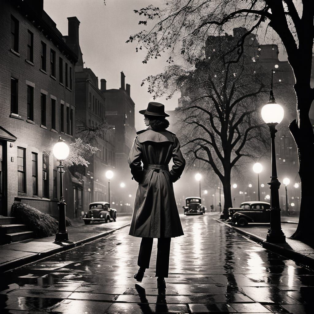 Film Noir Woman in Rainy City Street