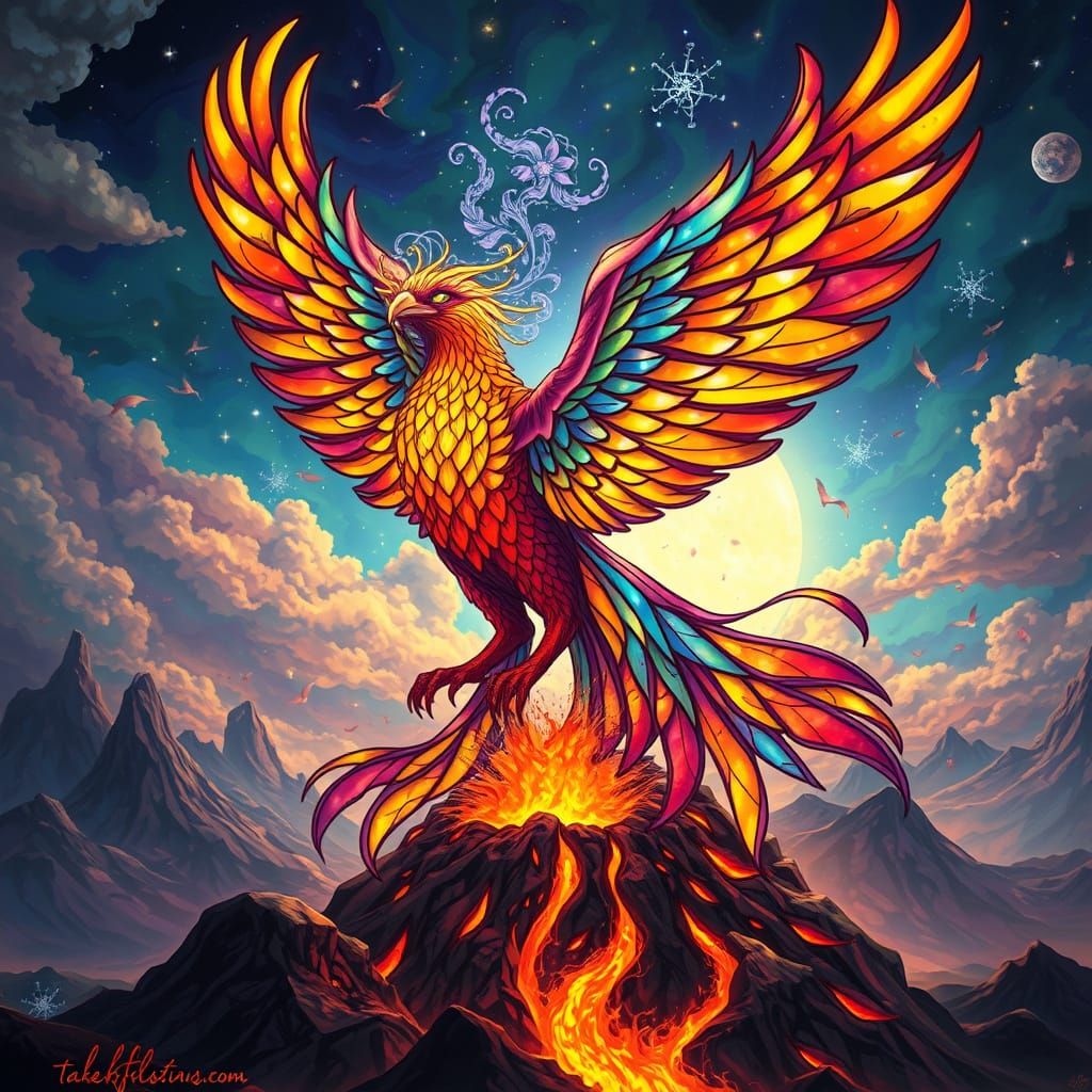 Stained Glass Phoenix Rising from Volcano, Art Nouveau