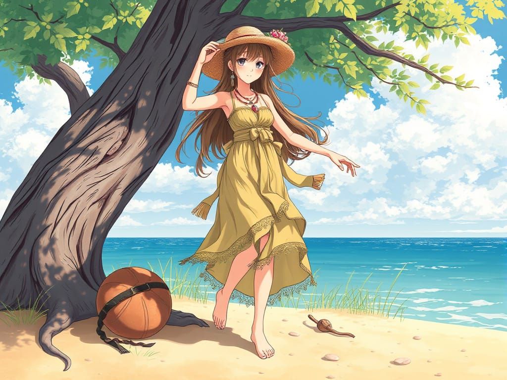 Anime Style Bohemian Woman Walking on the Beach