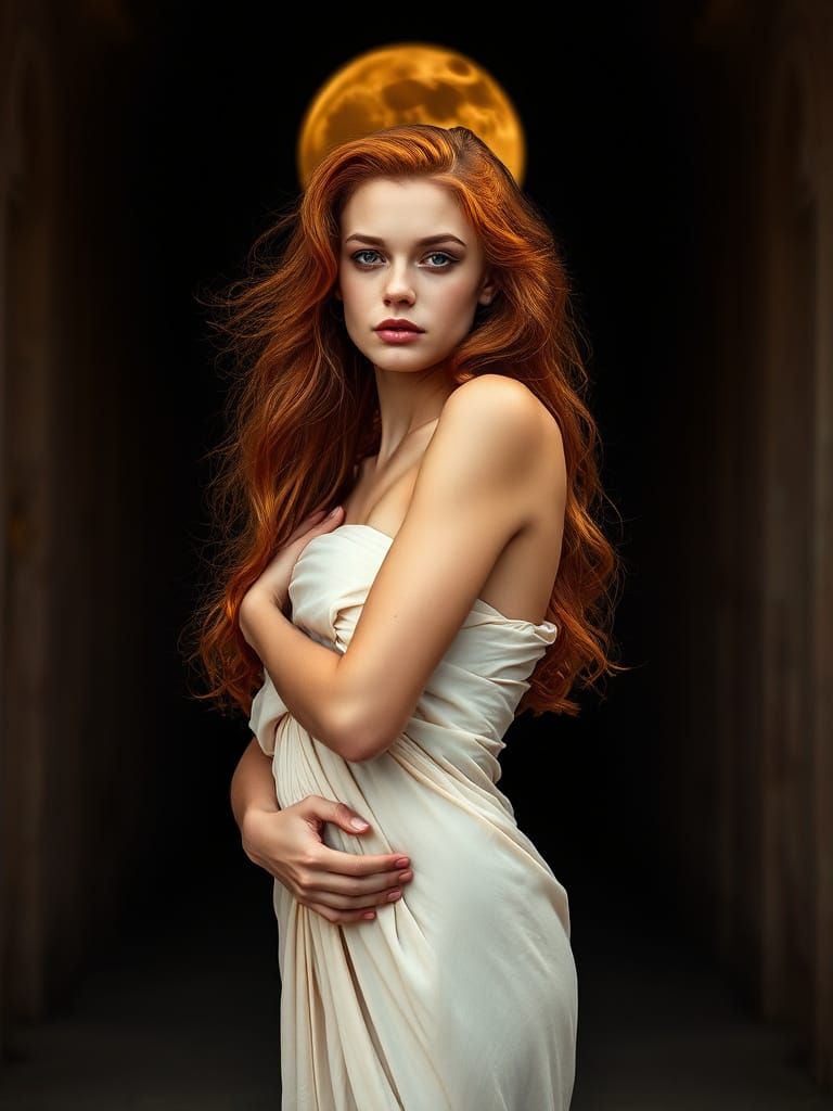 Serene Red-Haired Woman in Ancient Temple