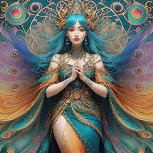 Peacock Woman with Flower Crown in Klimt Style