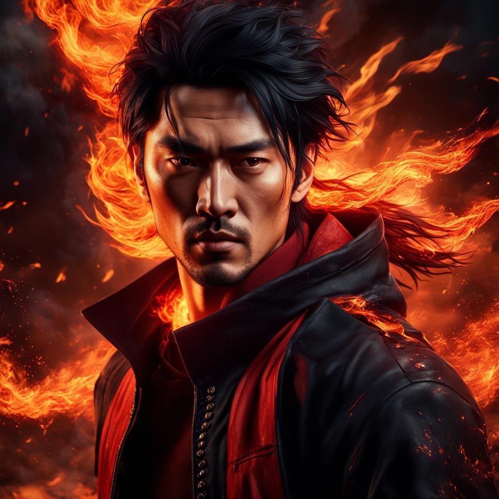 Asian Man Wielding Fire in Dramatic Lighting