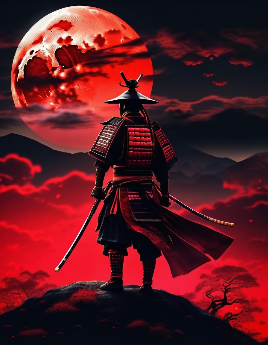 Samurai on Hill Under Blood Moon