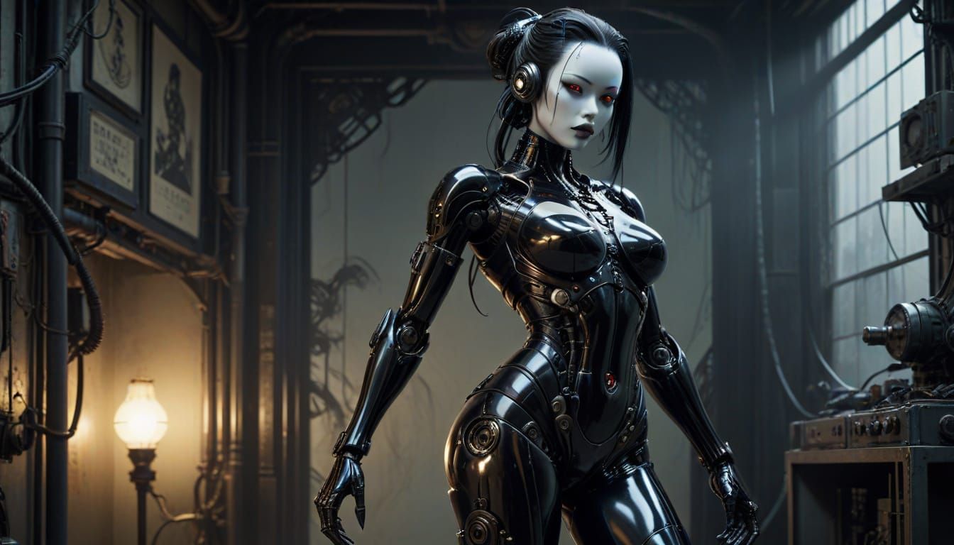 Gothic Gynoid Pinup in Cyberpunk Cityscape