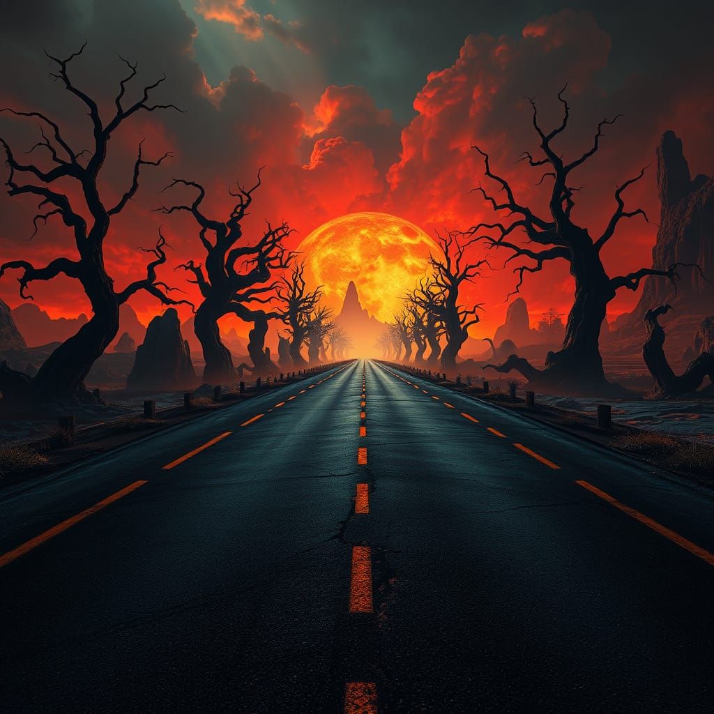 Surreal Highway Descends into Fiery Abyss
