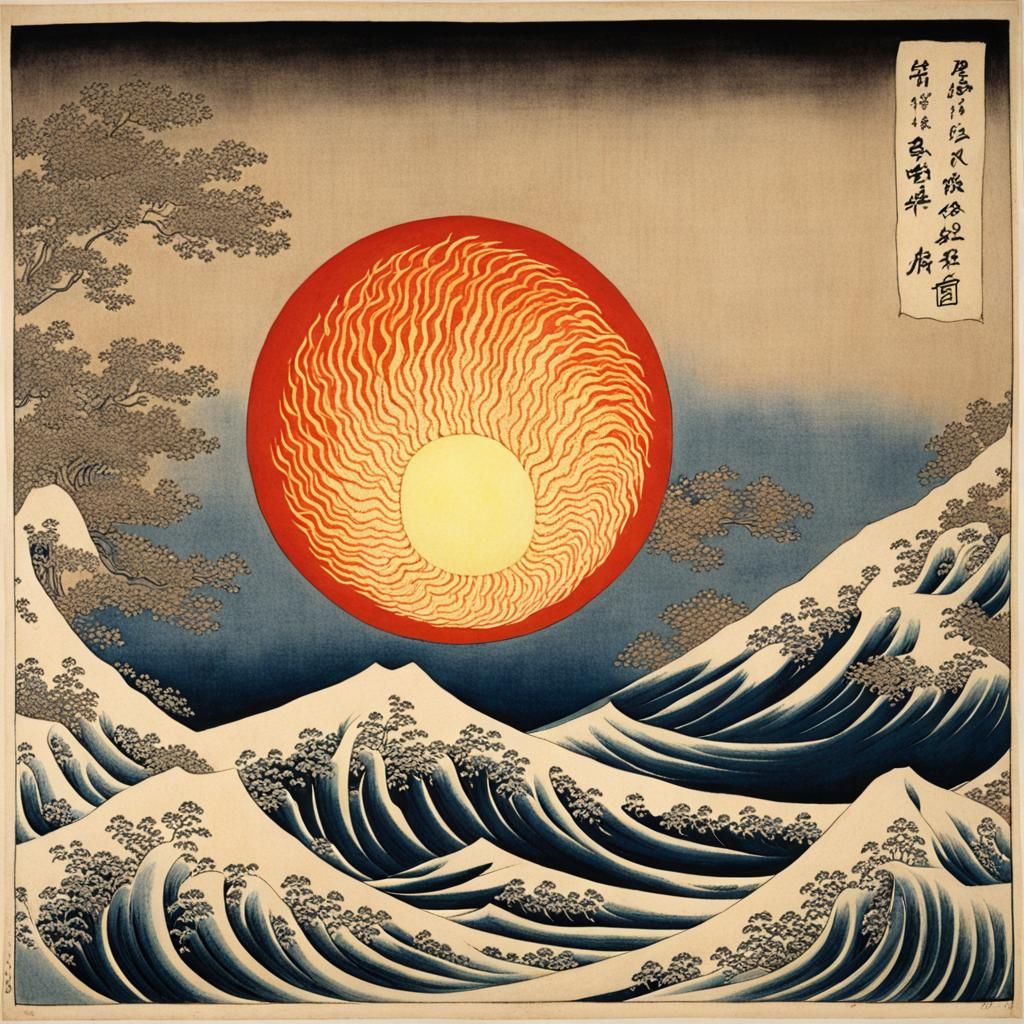 Fiery Orb in Hokusai Ukiyo-e Style