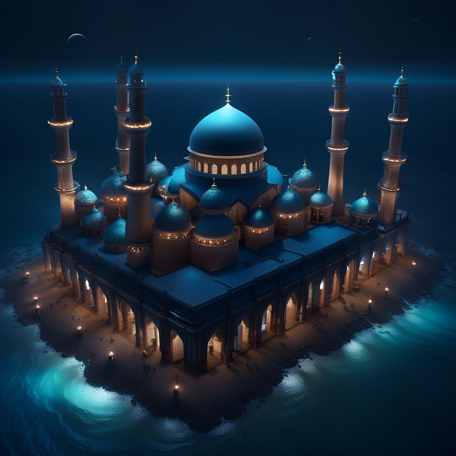 Hyperrealistic Mosque Between Ocean: Night Aerial View