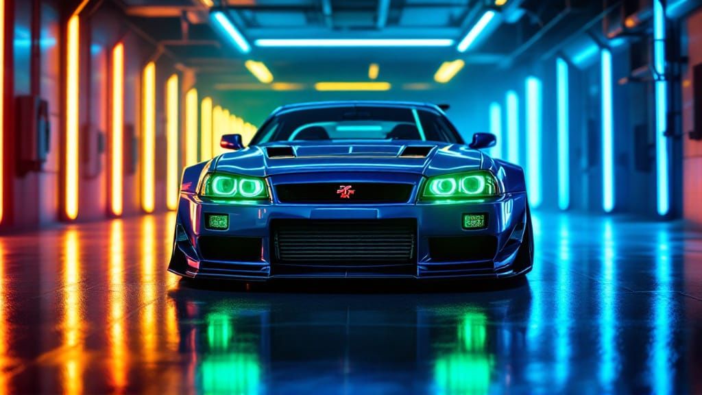 Metallic Blue Nissan Skyline GTR in Neon Garage