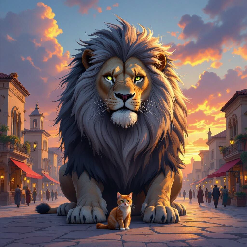 Majestic Lion and Cat in Ancient City Square