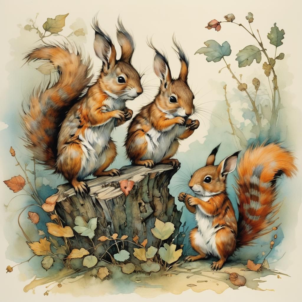 Squirrels in Watercolor and Surreal Style