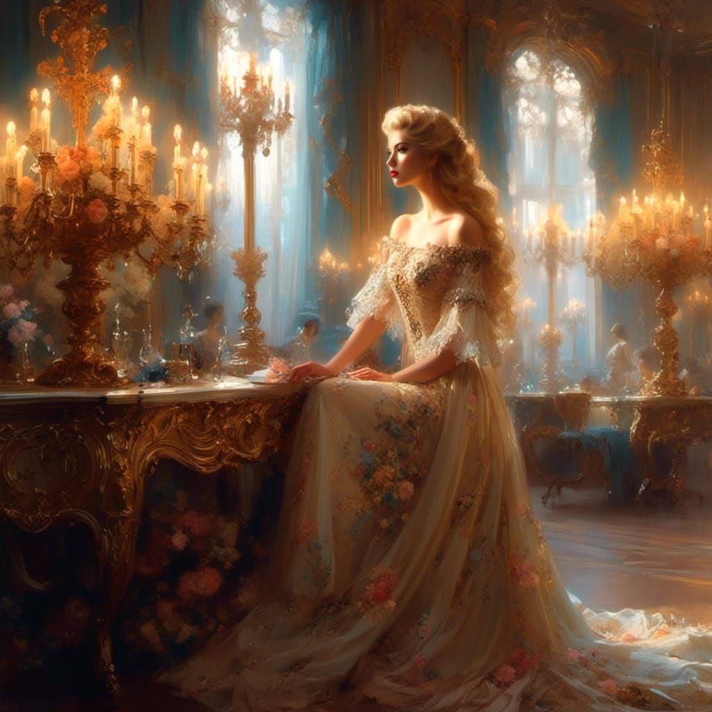Elegant Woman in Ornate Room, Digital Rococo Painting