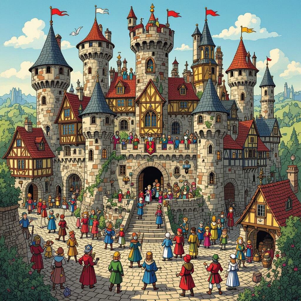 Bustling Medieval Castle Scene Like Where's Wally