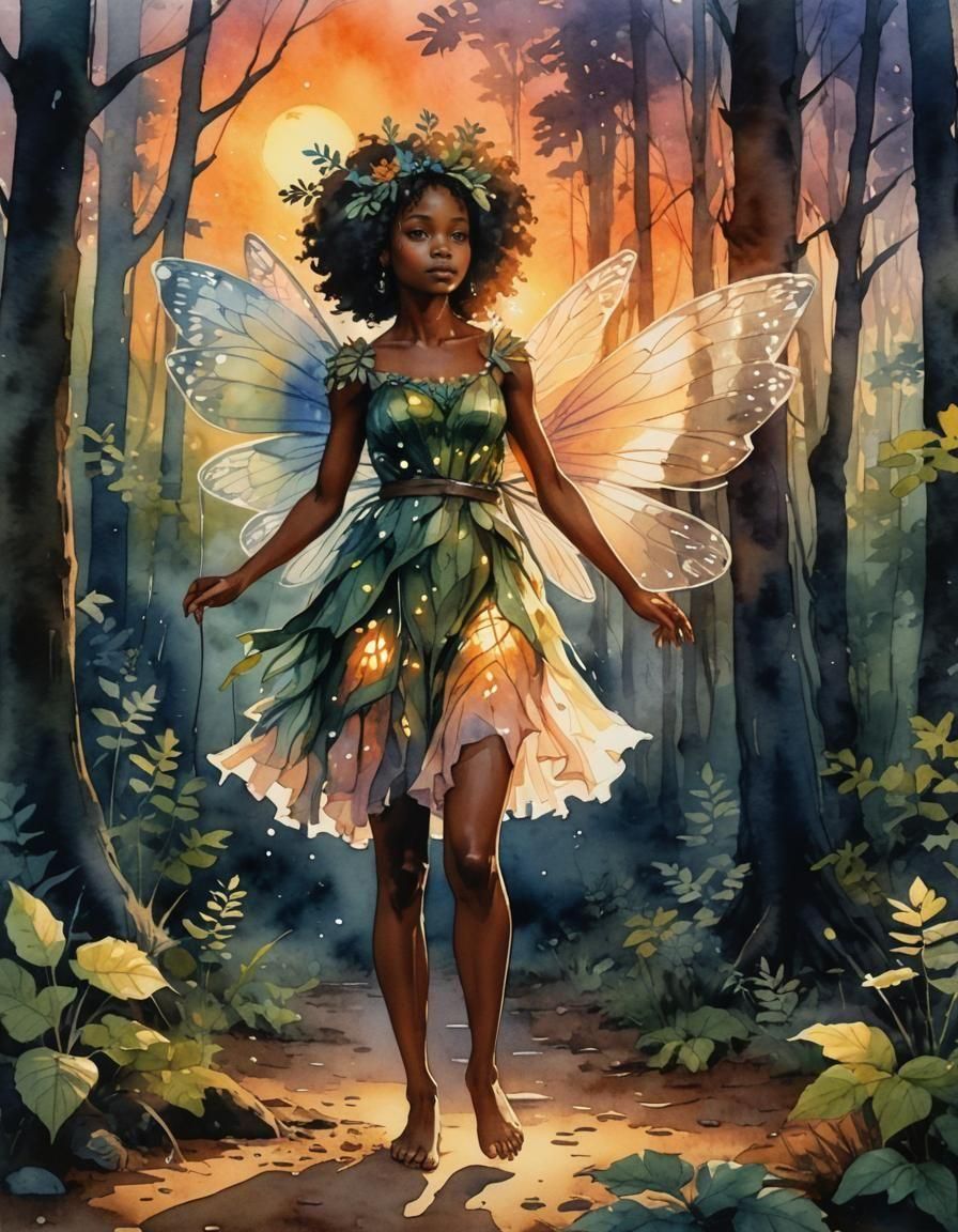 Watercolor Fairy in Forest at Sunset