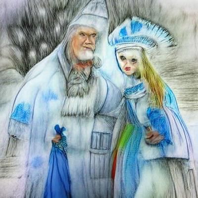 Father Frost and Snow Maiden in Watercolor Sketch
