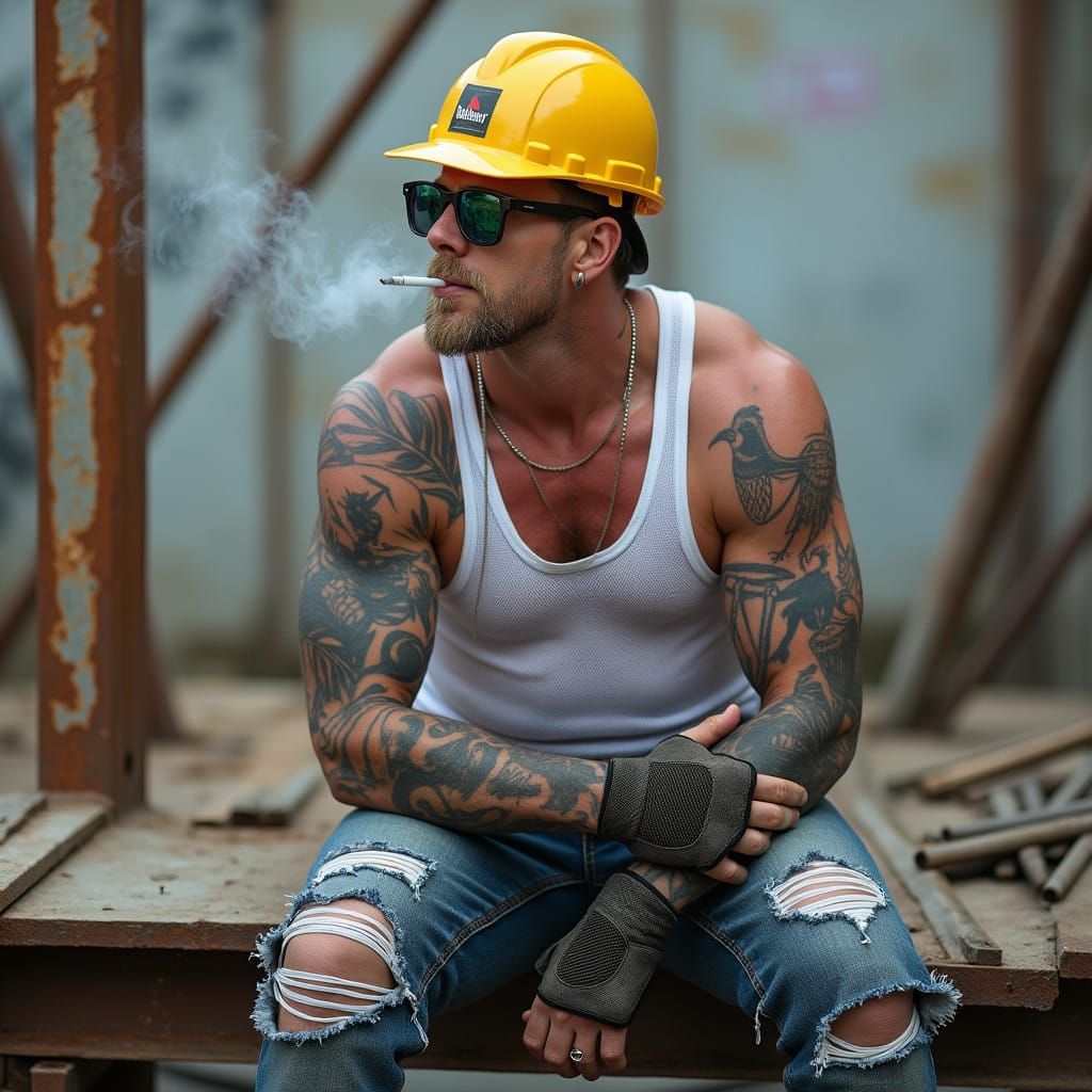 Gritty Construction Worker Takes a Smoke Break