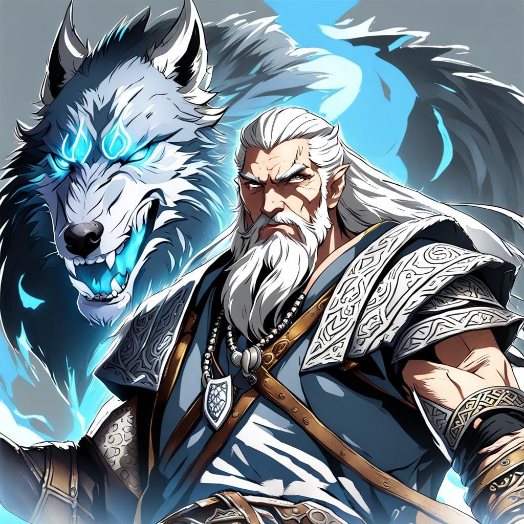 Anime Viking Shaman with Fenrir