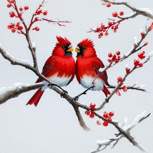Red Cardinals in Snowy Scene as Gouache Painting