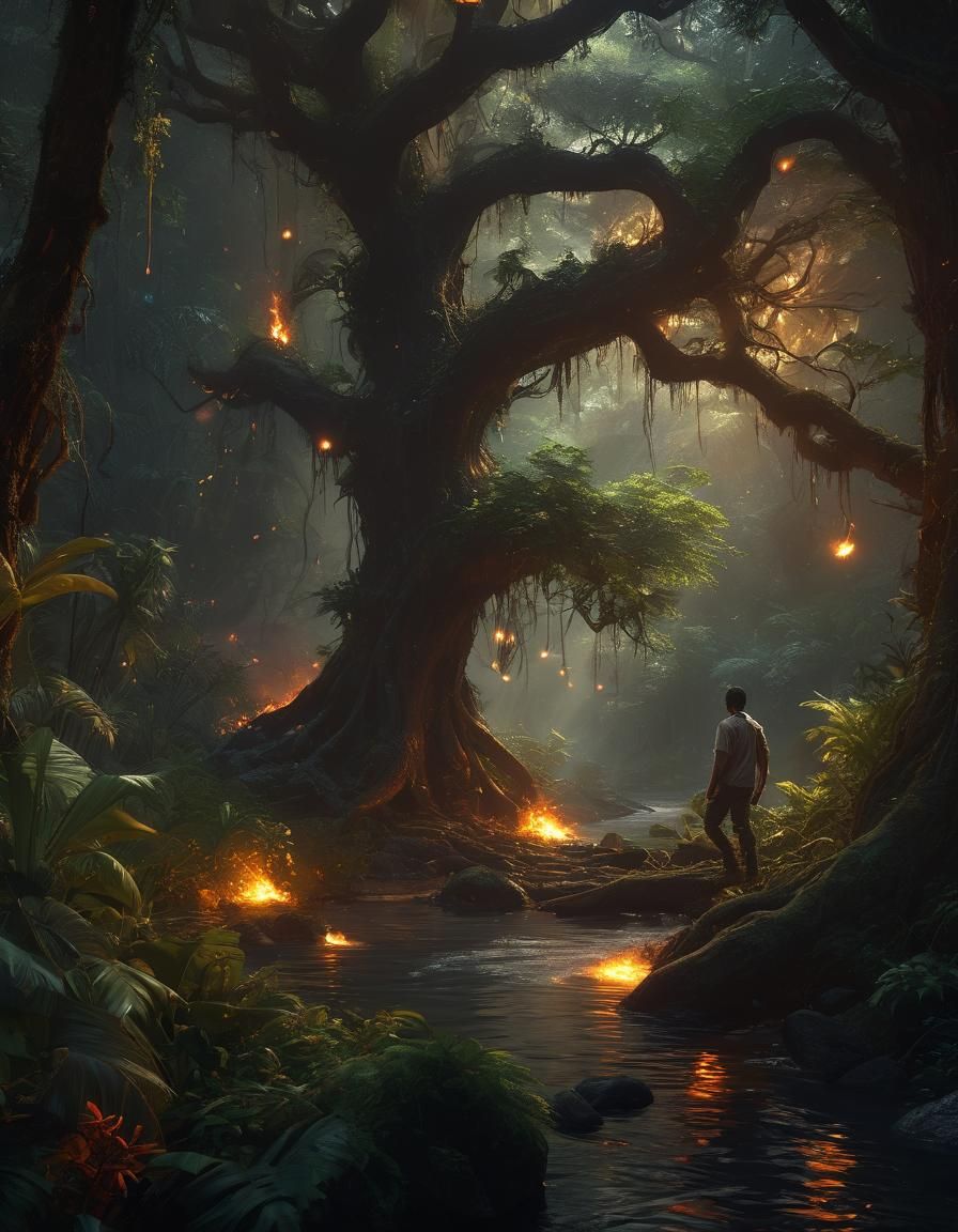 Flaming Hands Guide Through Jungle River