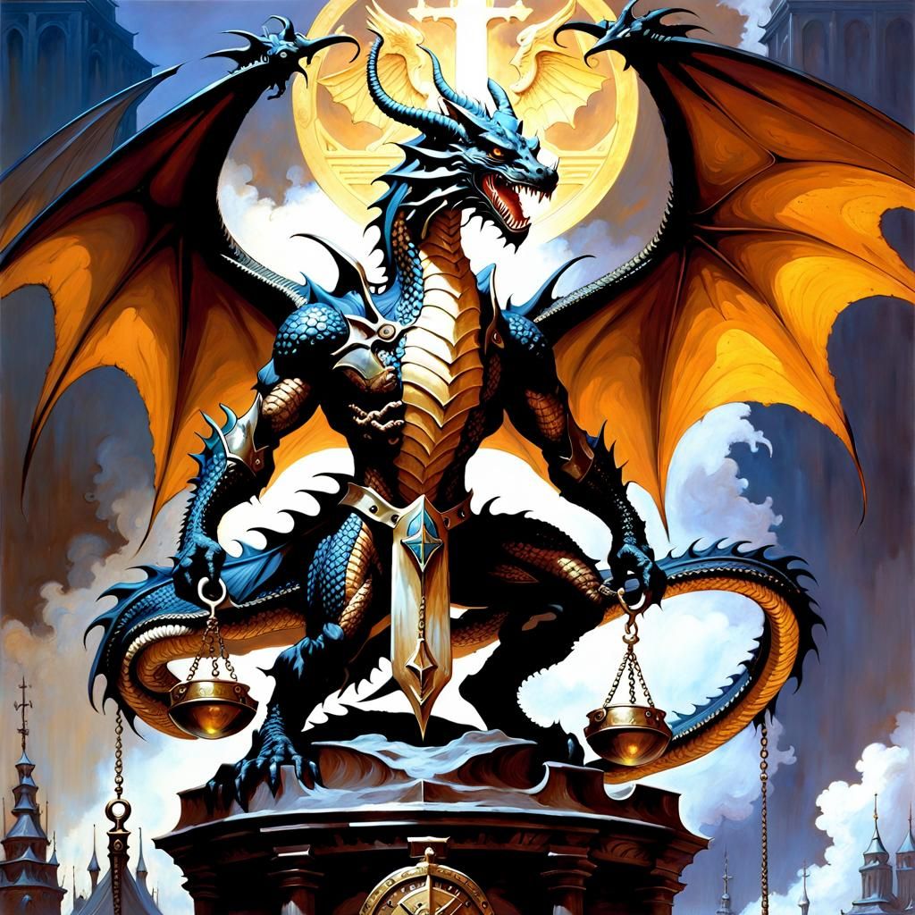 Dragon Holds Scales of Justice in Fantasy Art Style