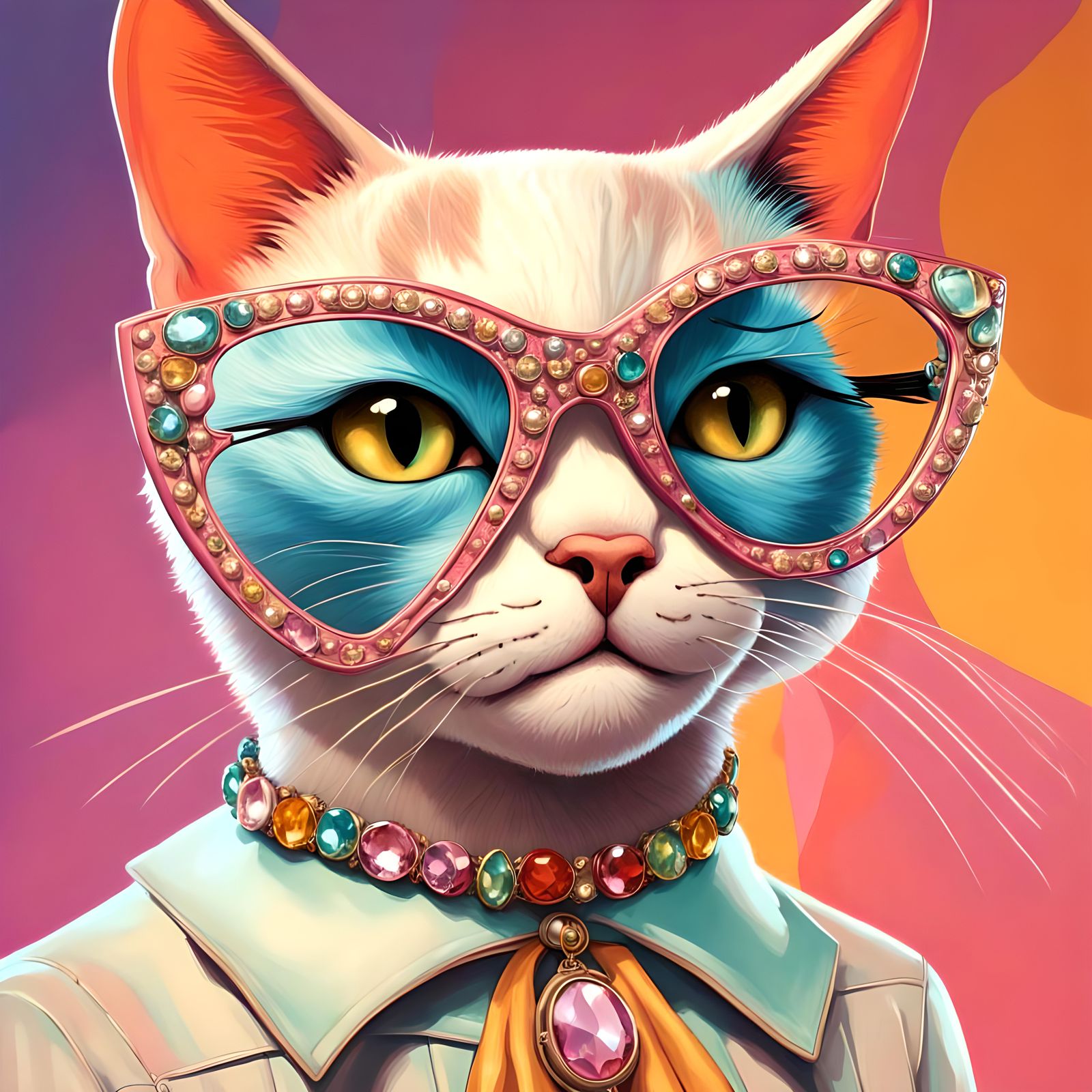 Anthropomorphic cat wearing huge overized jeweled pointed co...
