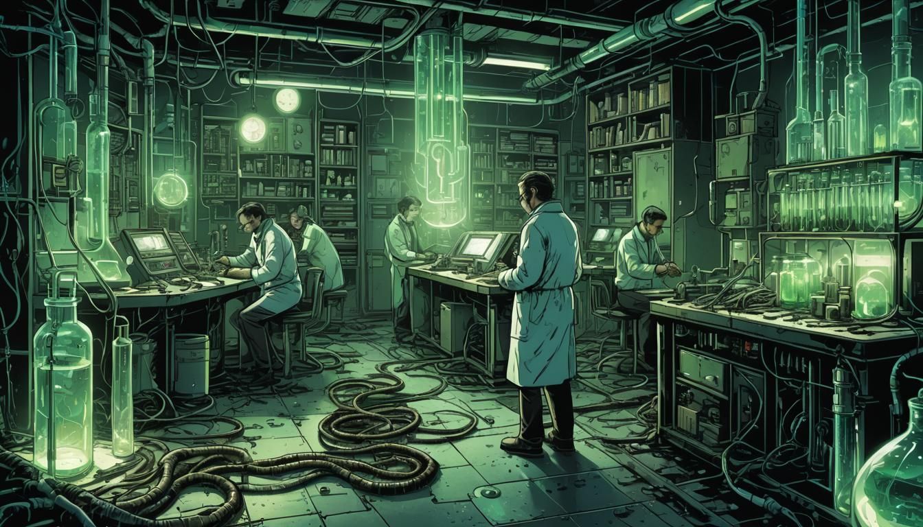 Eerie Lab Transformation in Gritty Comic Book Style