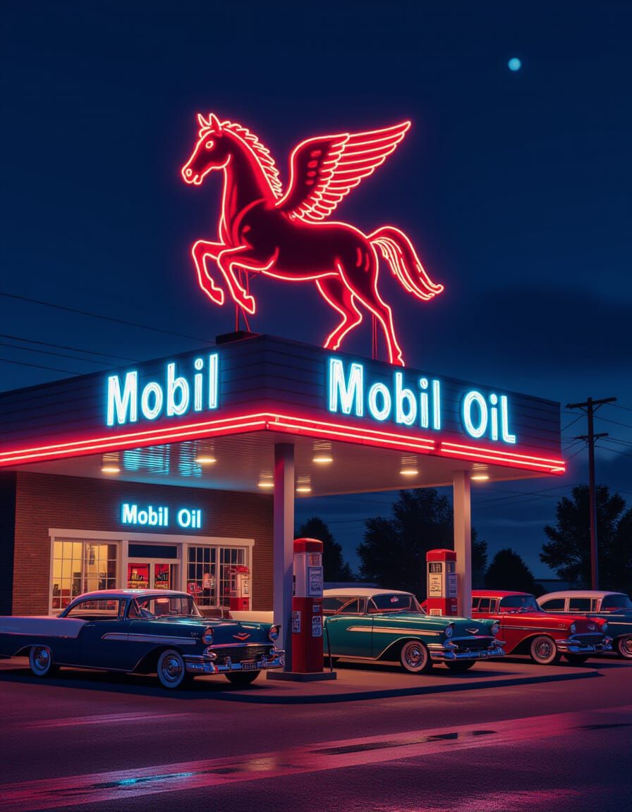 1950s Mobil Gas Station Neon Sign with Pegasus