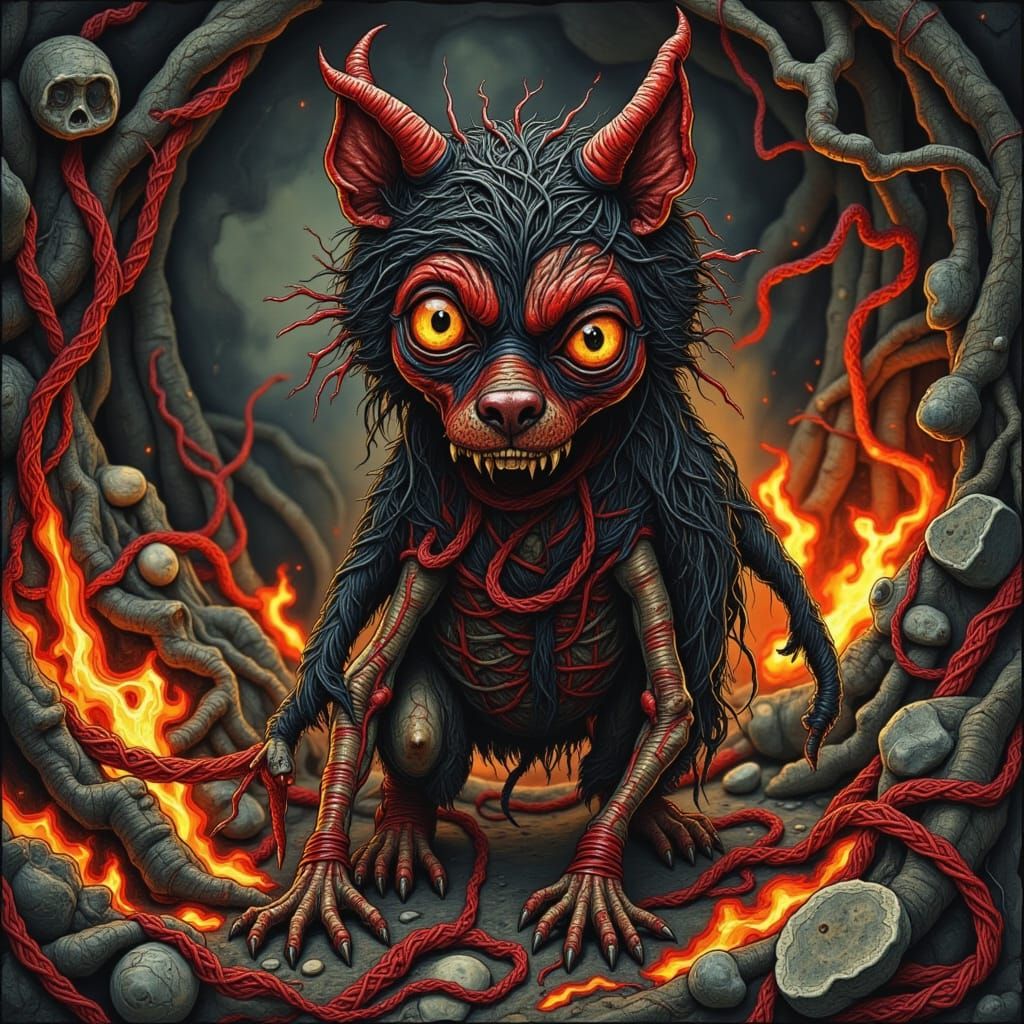 Fiery Hellhound Puppy Plays in Lava-Filled Underworld