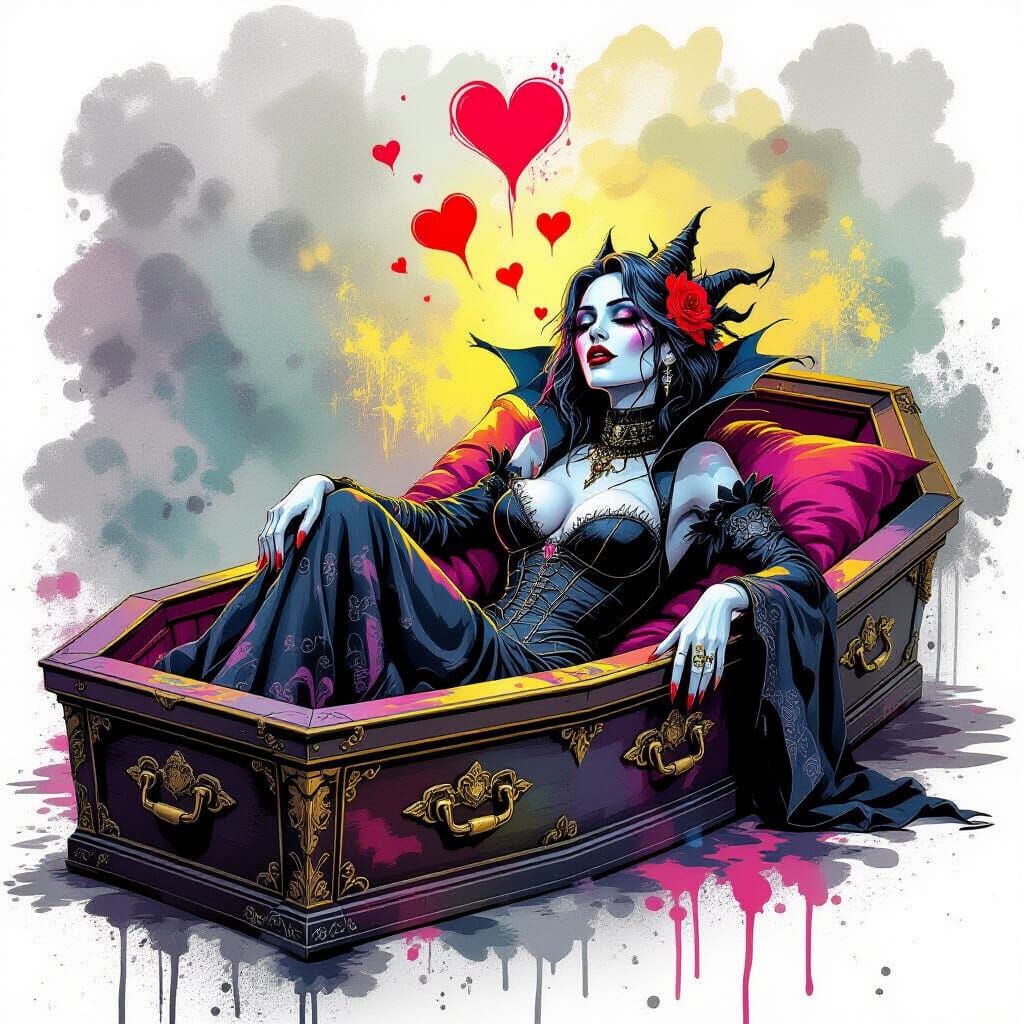 Vampire Woman Daydreams in Coffin