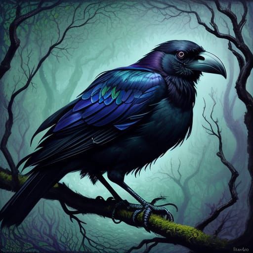 Surreal Raven with Iridescent Feathers in Psychedelic Forest