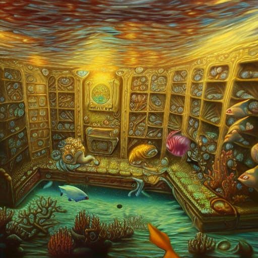 Detailed Underwater Room in Romantic Lunarpunk Style