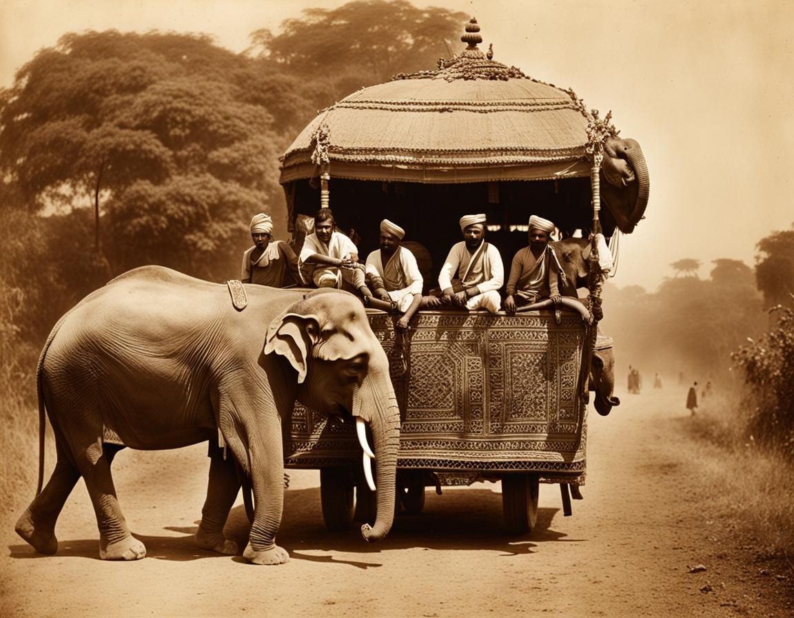 Vintage Sepia Photo: Tiger Hunt with Elephant