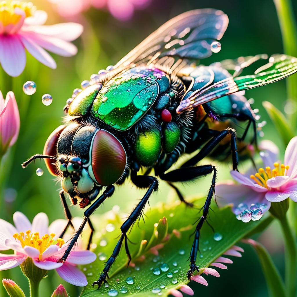 Glowing Fly Radiating Neon Light in Spring Garden