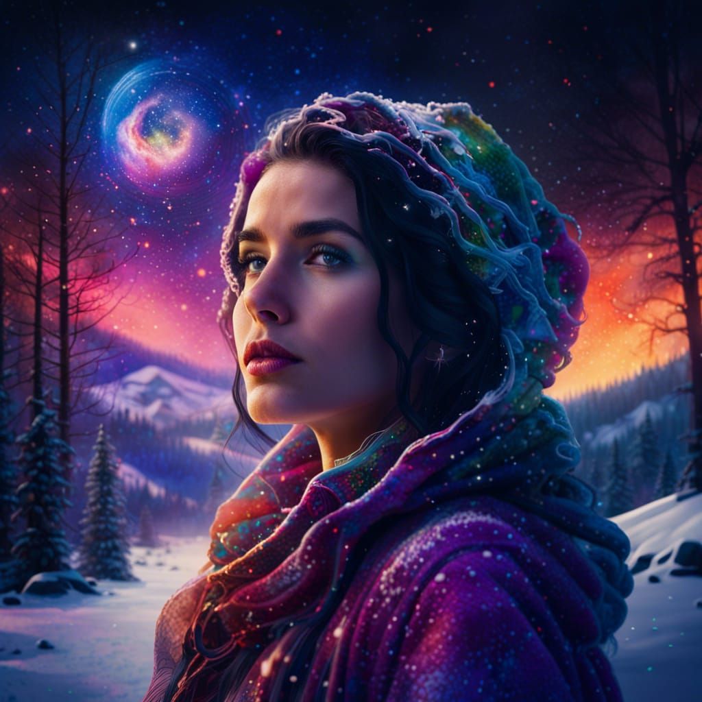 Woman in Snowy Woods with Galaxy Sunset