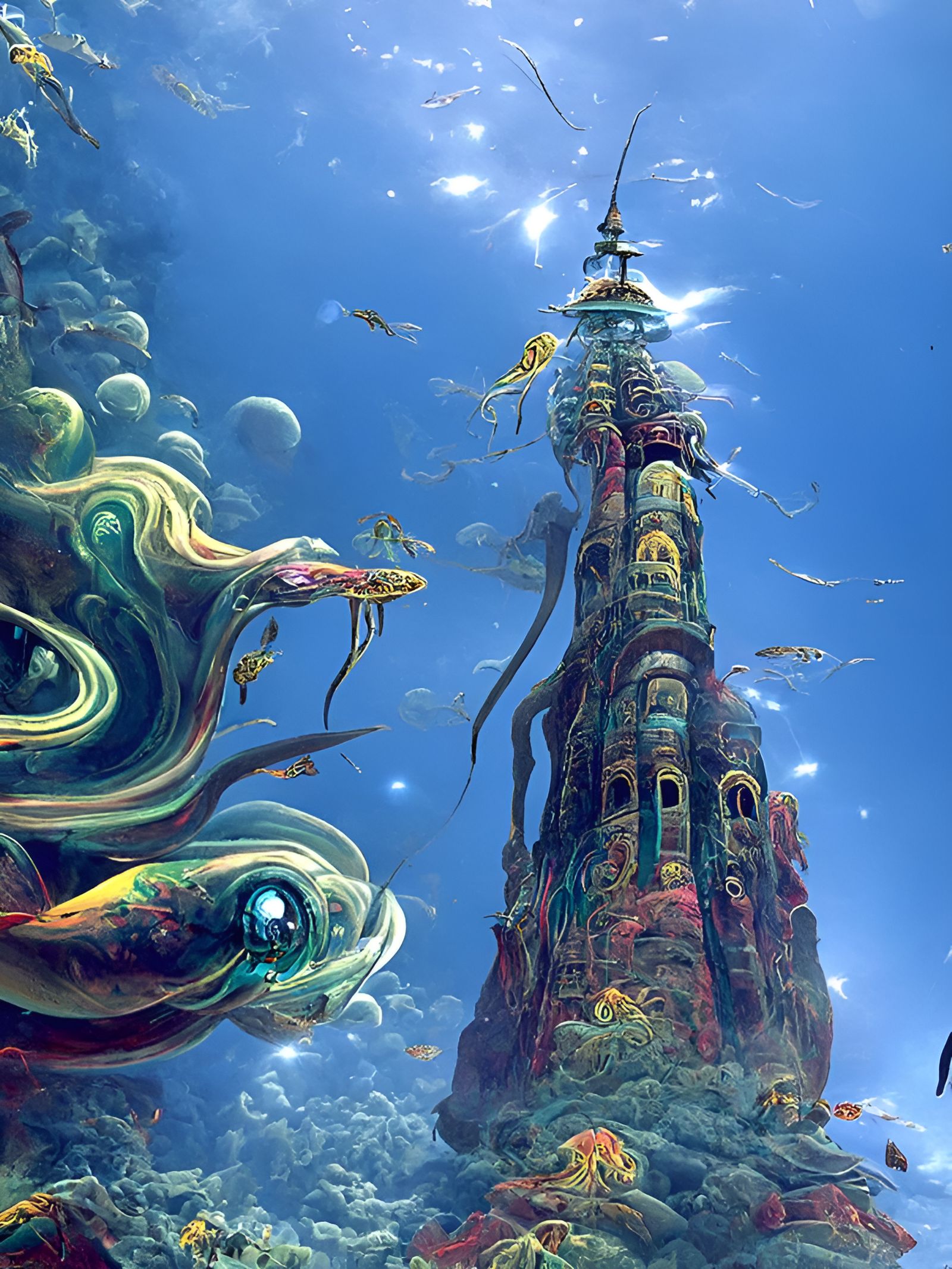 Psychedelic Underwater Tower Inspired by Surrealism