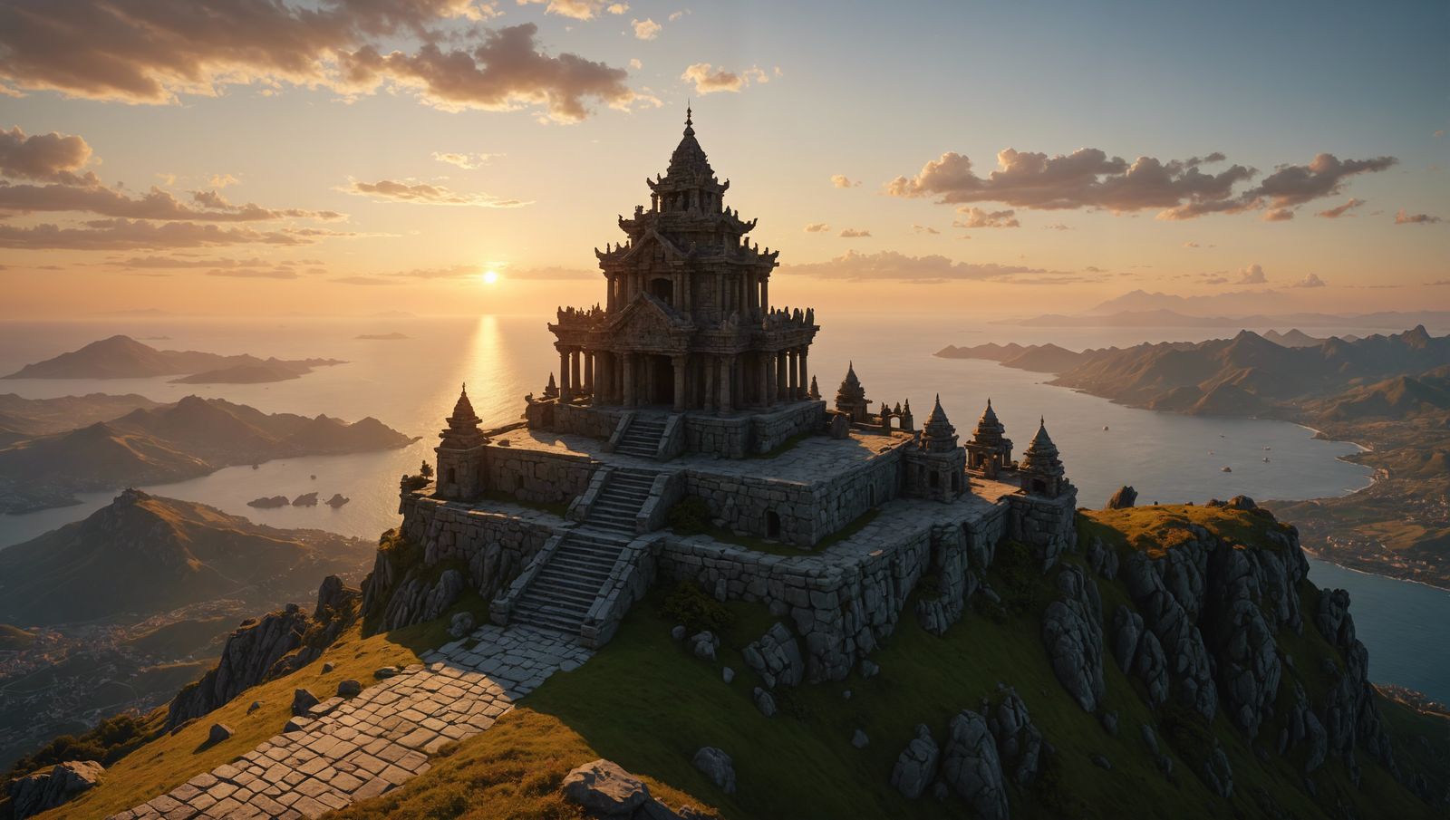 Medieval Stone Temple at Sunset, Cinematic Fantasy