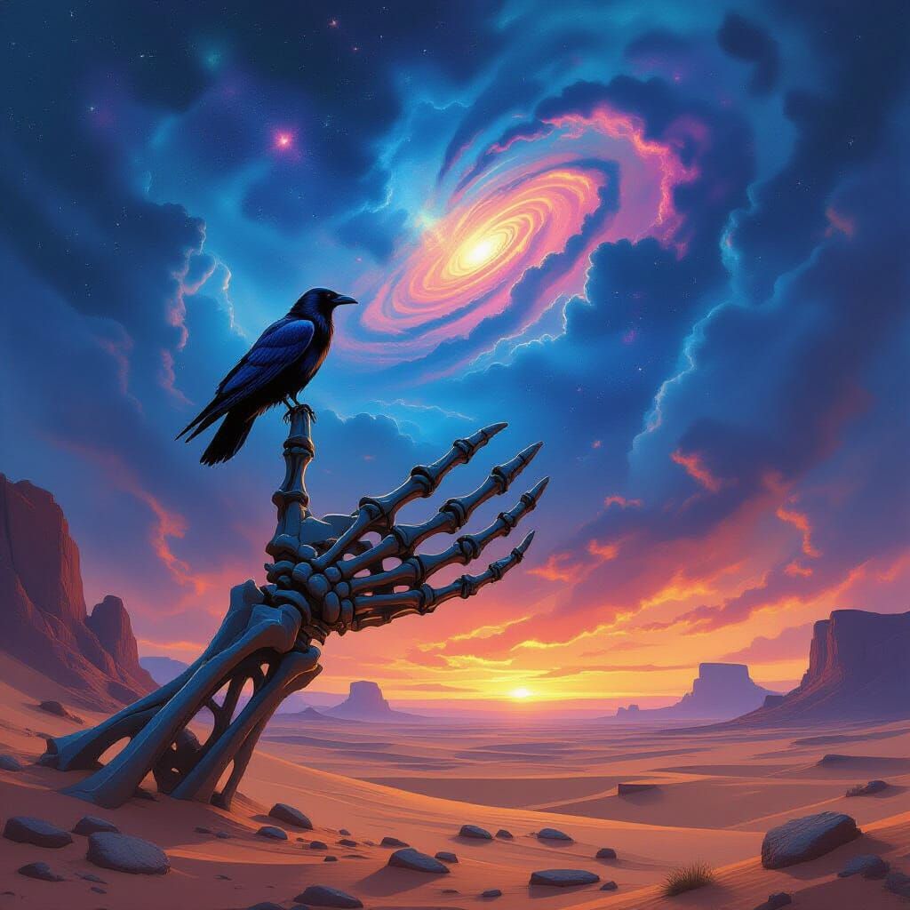 Raven on Titan Skeleton in Alien Desert Under Nebula Sky