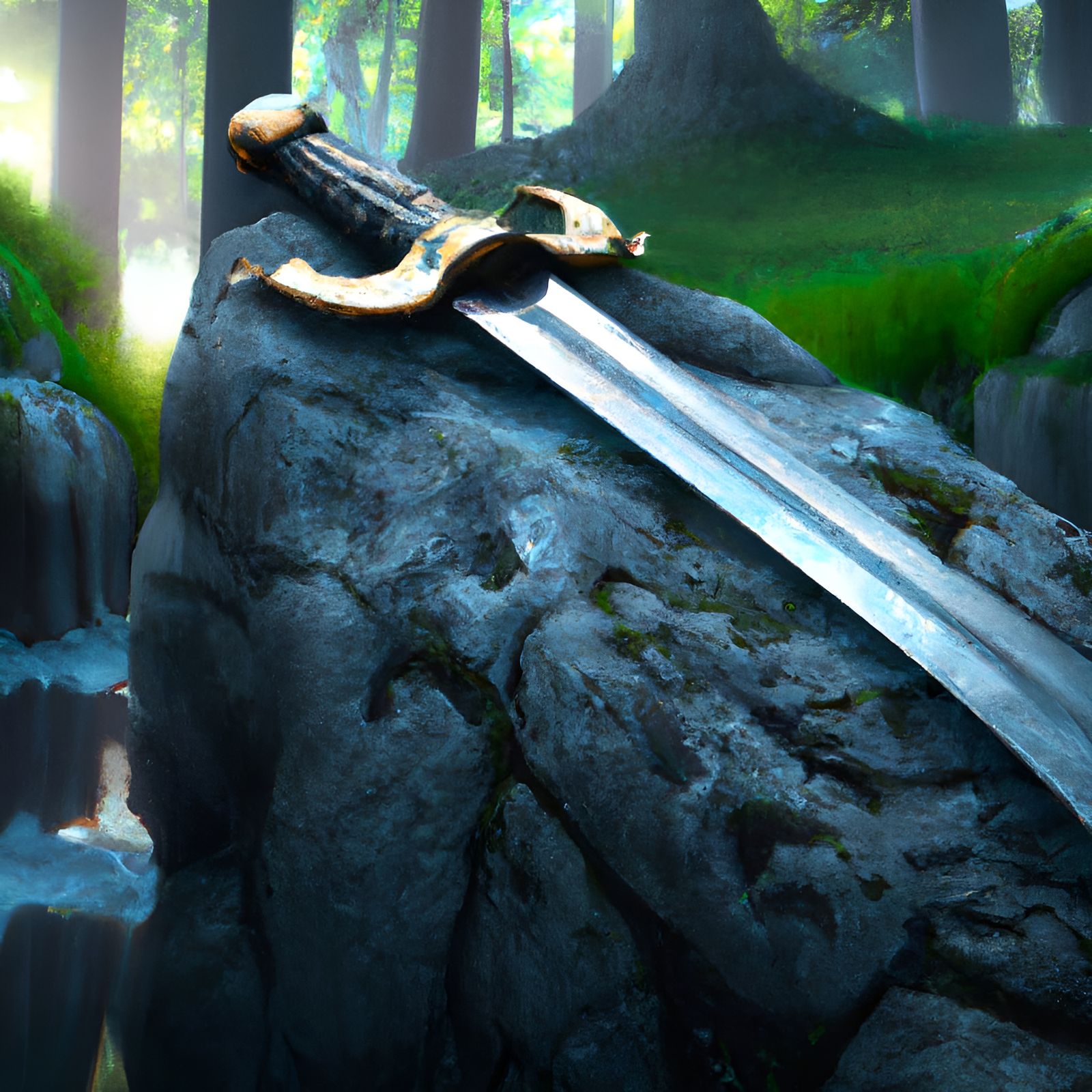 Epic Sword Stuck in Rock in Detailed Forest