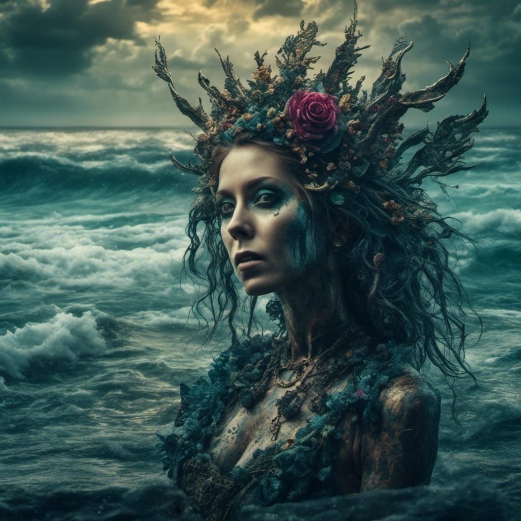 Dark Glamour: Evil Mermaid on Tropical Beach