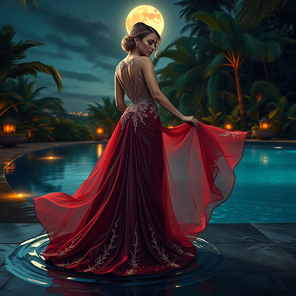 Glamorous Woman in Beaded Gown at Moonlit Pool
