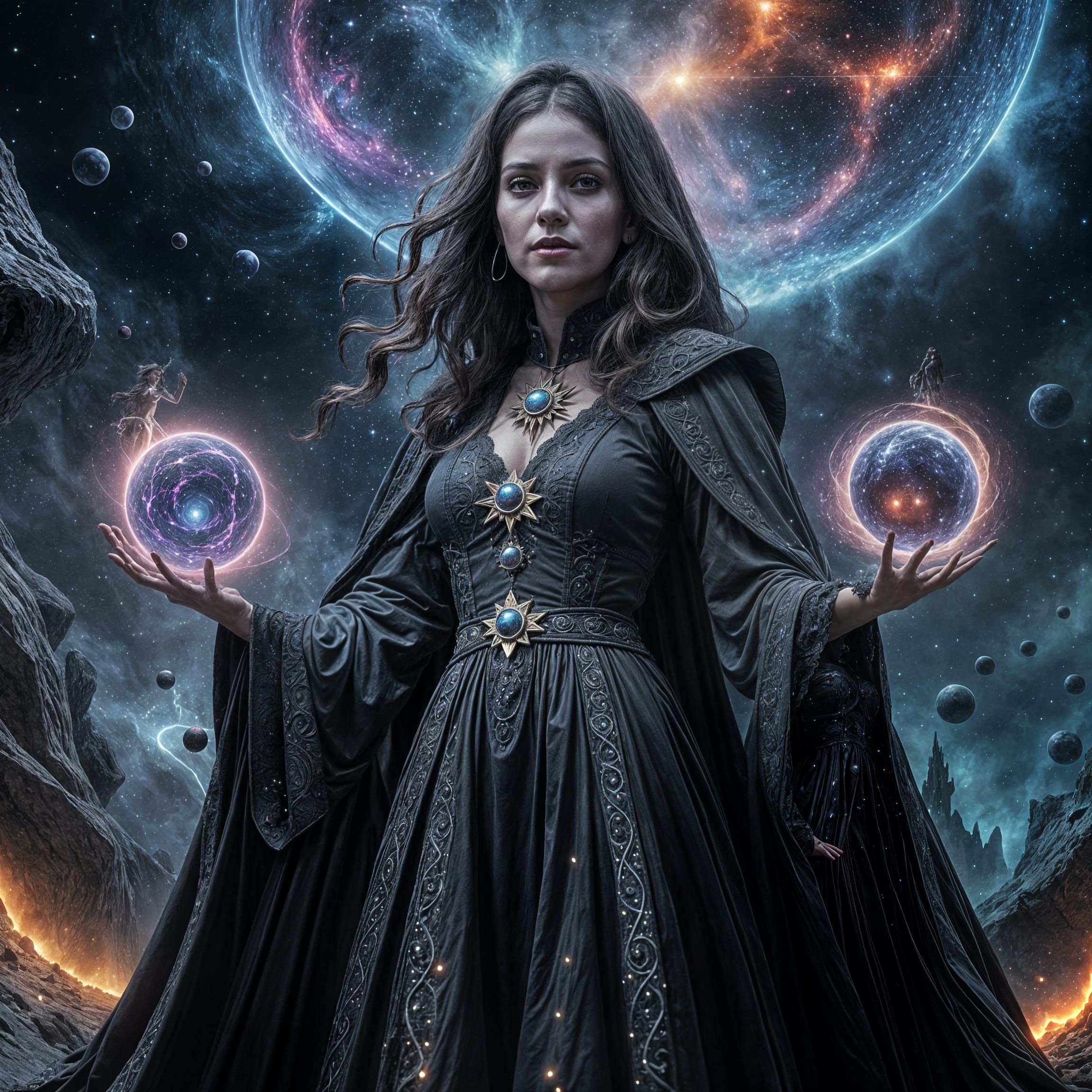 Gothic Space Witch Conjures Cosmic Energies in Nebula