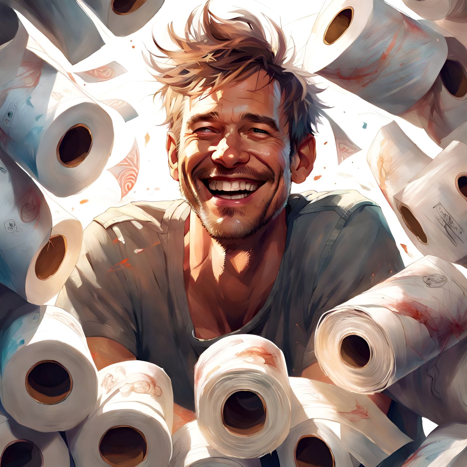 Happy Man Portrait with Toilet Paper in Digital Art Style