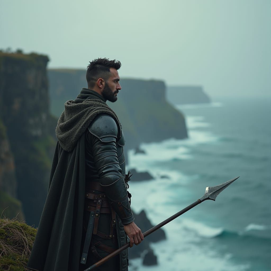Warrior on Cliff with Broken Spear in Pre-Raphaelite Style