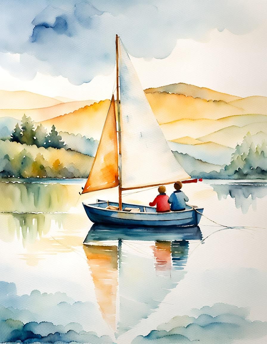 Whimsical Watercolor of Children Sailing on Lake