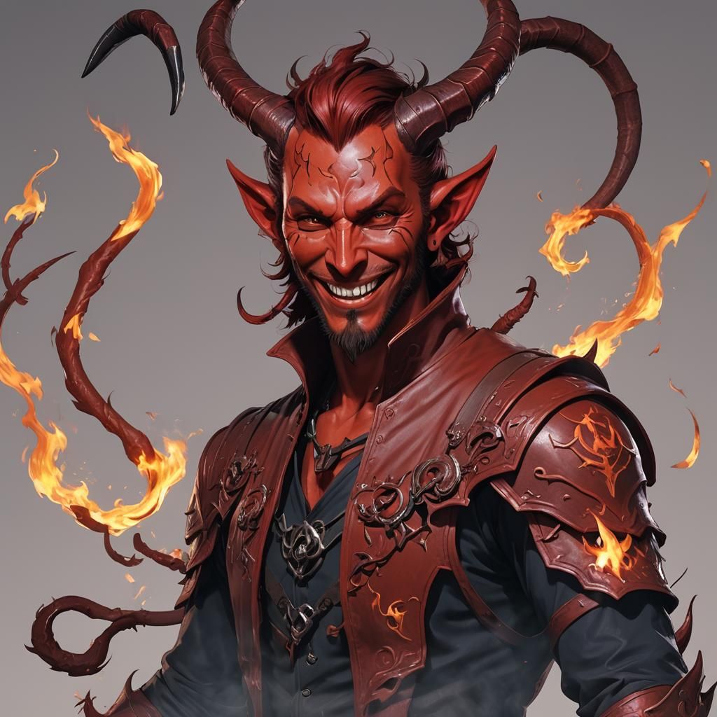 Smiling Tiefling Devil with Fire Magic in Anime Style