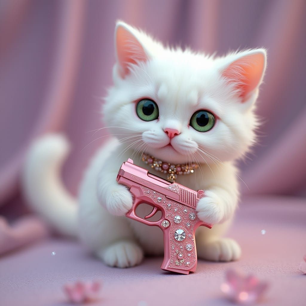 Whimsical Cat Wields Glittering Pistol in Lavender Hues