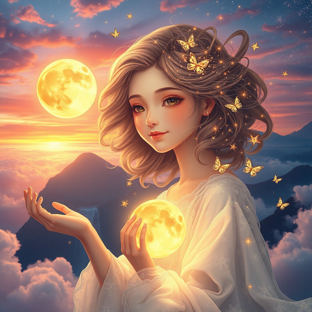 Ethereal Girl Holding Sun and Moon