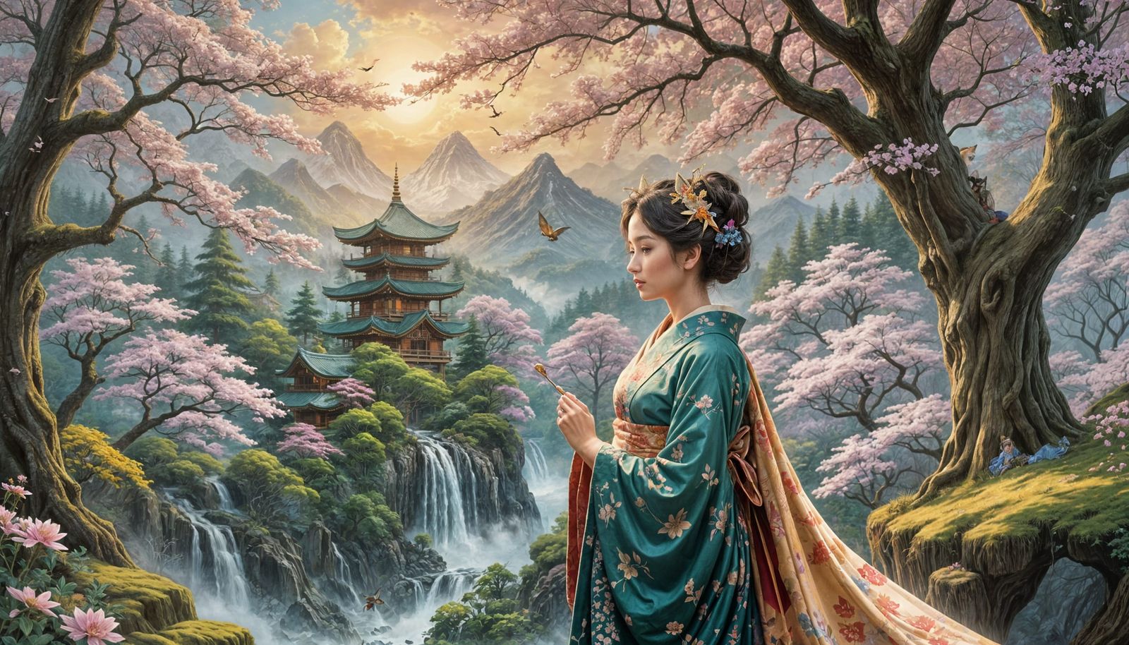 Ethereal Woman in Japanese Fantasy Kimono
