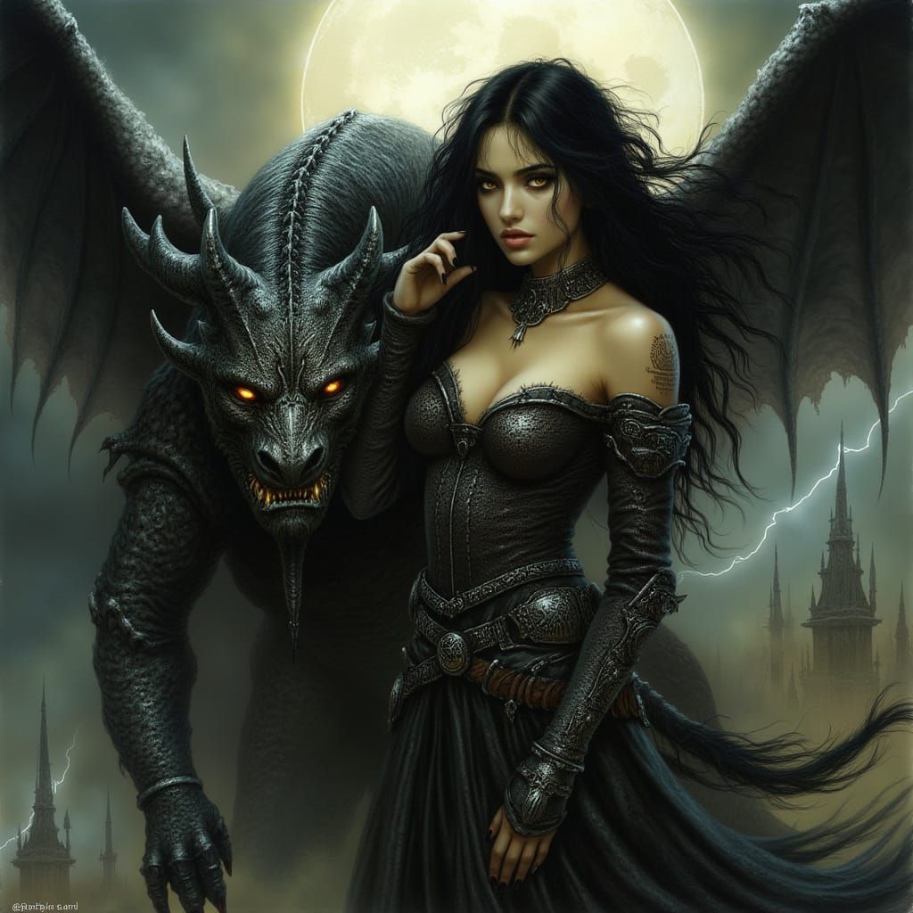 Dark Fantasy Sorceress With Winged Beast Companion
